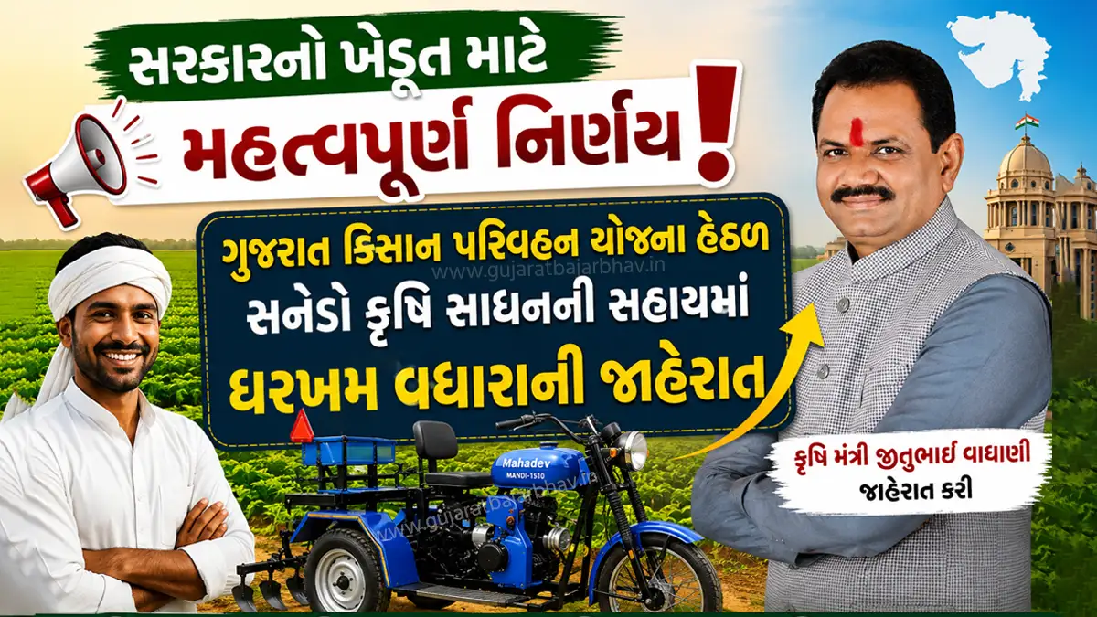 Government's important decision for farmers: Agriculture Minister Jitubhai Vaghani announced a significant increase in Sanedo for agricultural equipment purchase under the Kisan Parivahan Yojana
